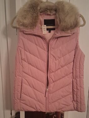 Talbots Blush Pink Quilted Vest with Faux-Fur Collar